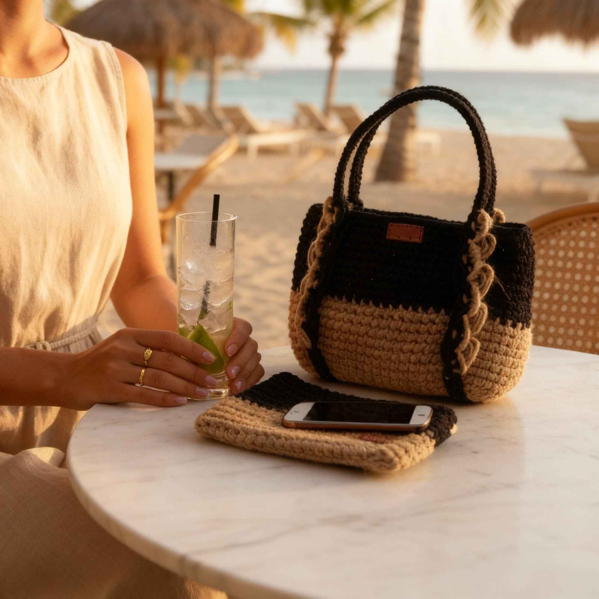 Ensemble "Goffa Macramé" noir – Sac à main & Pochette assortie + accessoires