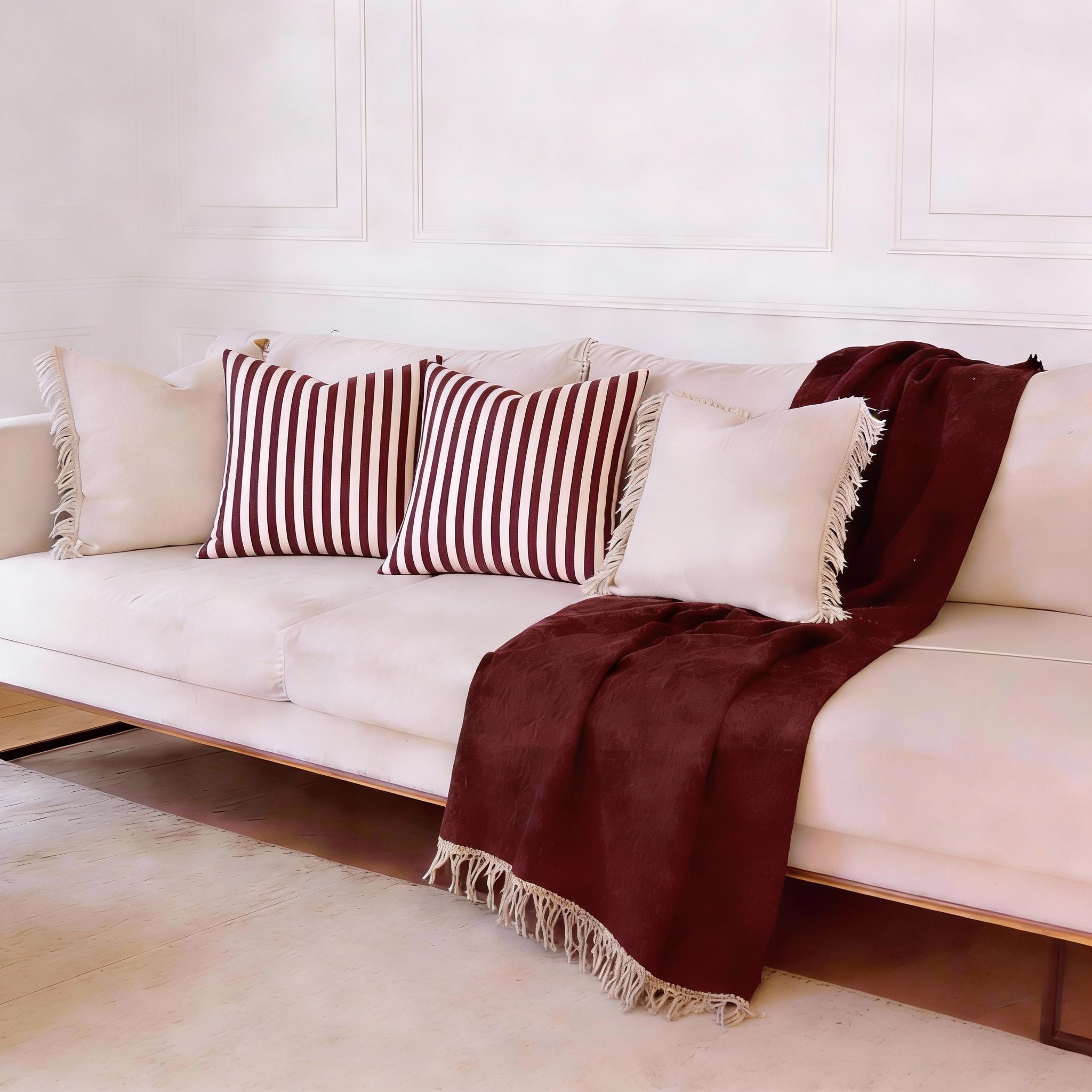 Ensemble Déco "Douceur Rayée" - Édition Grenadine | 4 Coussins Assortis & Plaid Élégant - The Moroccan Vibrations