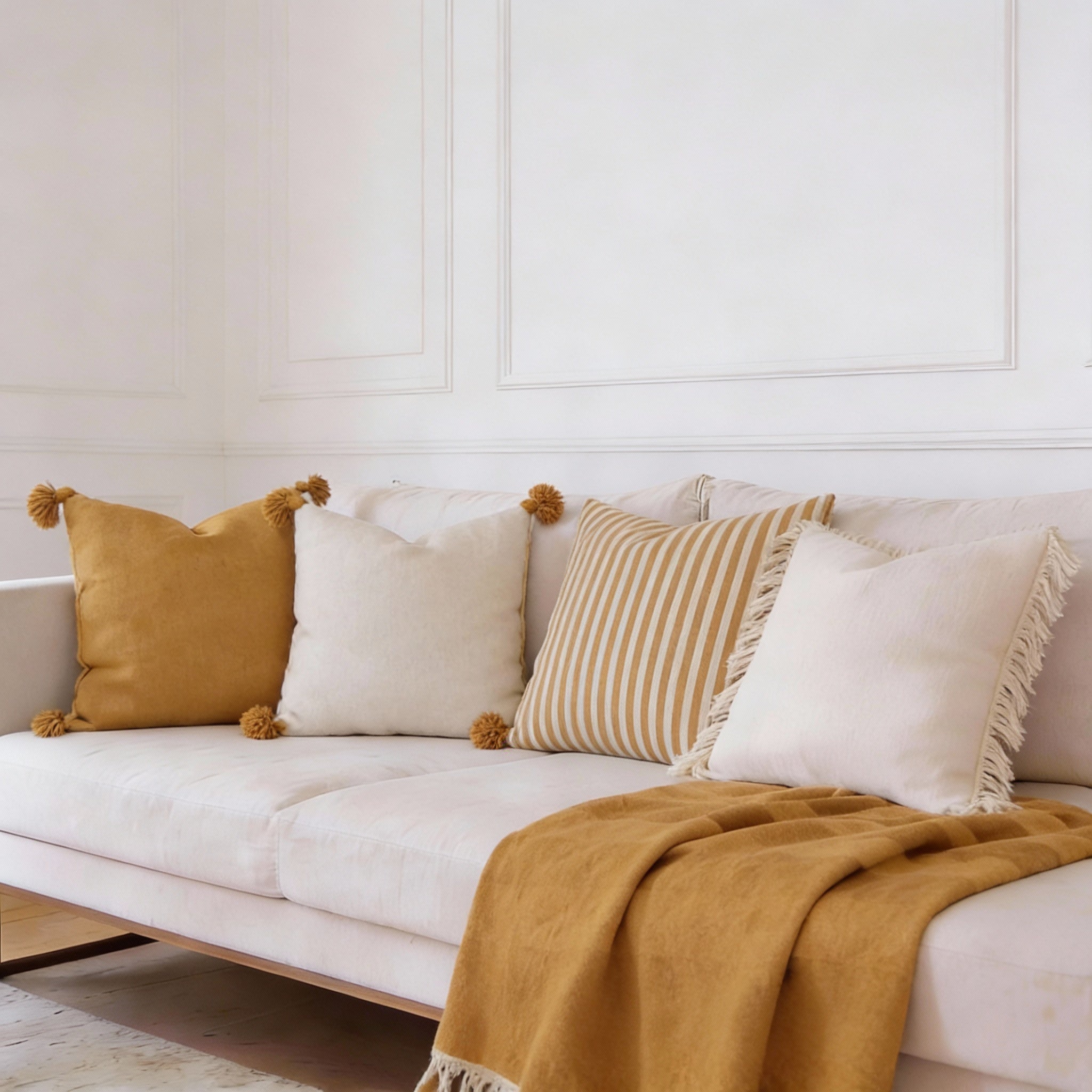 Ensemble Déco "Douceur Rayée" – Edition Safran | 4 Coussins Assortis & Plaid Élégant - The Moroccan Vibrations