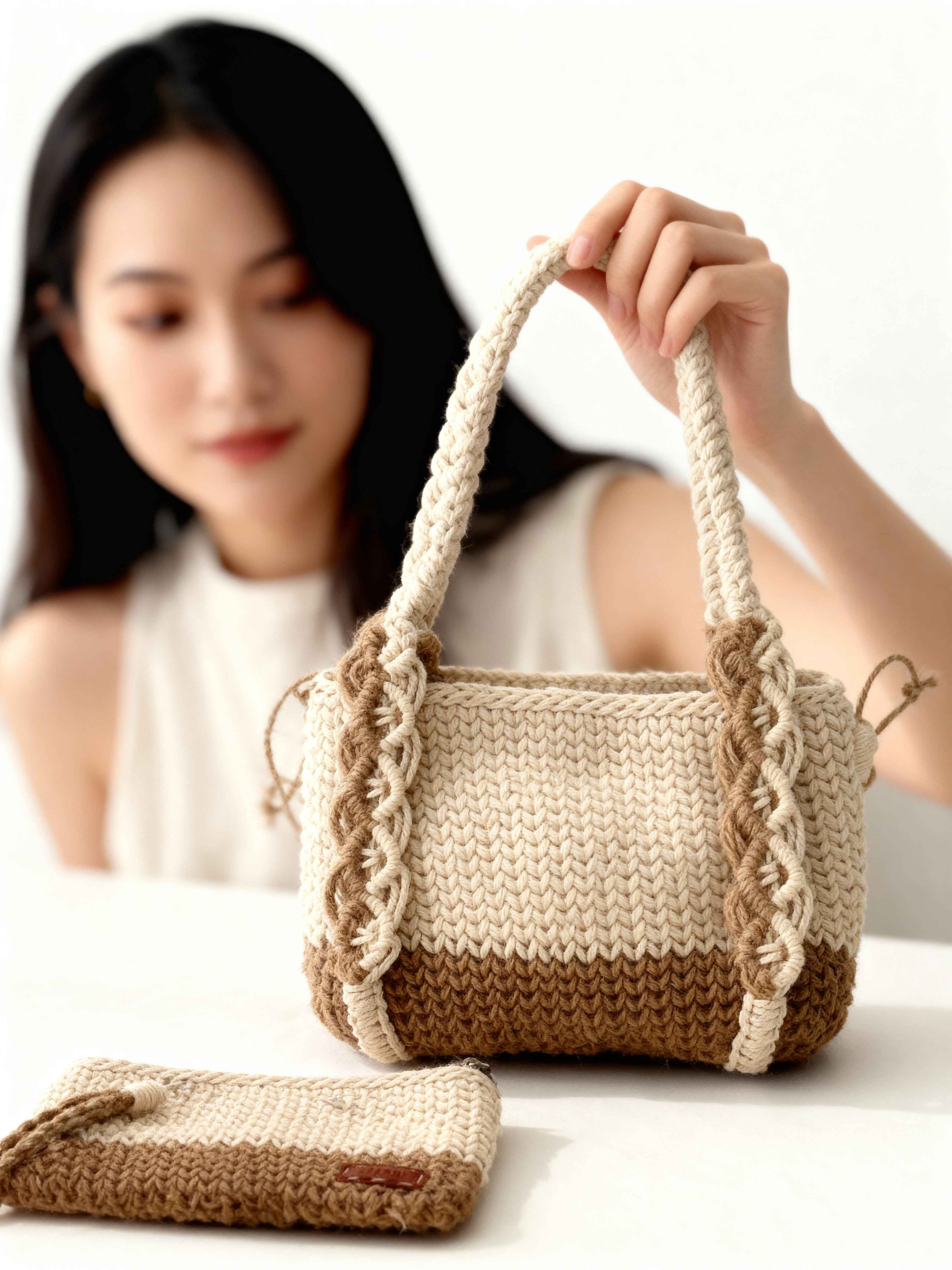 Ensemble "Goffa Macramé" Blanc – Sac à main & Pochette assortie + accessoires