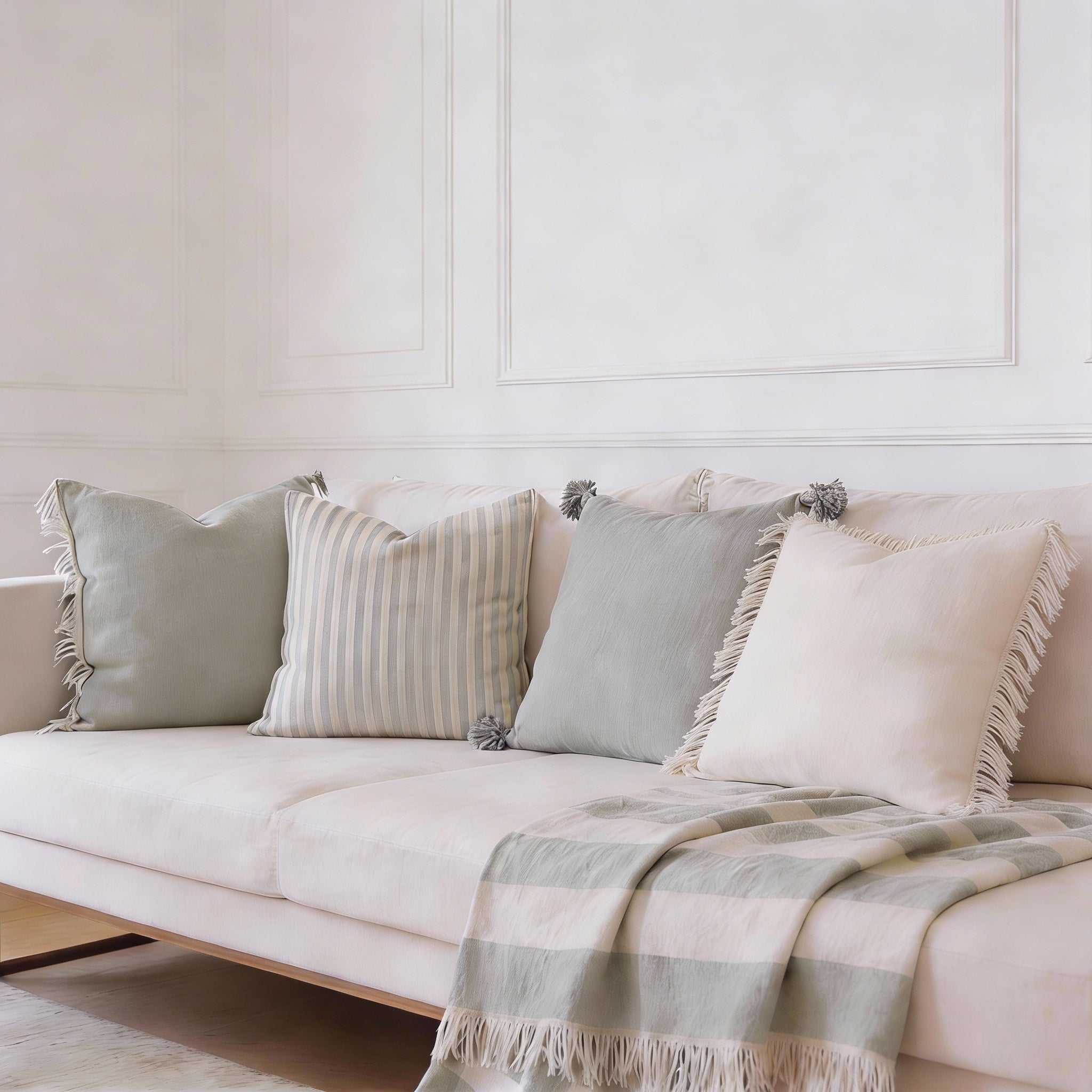 Ensemble Déco "Douceur Rayée" – Édition Olive | 4 Coussins Assortis & Plaid Élégant - The Moroccan Vibrations