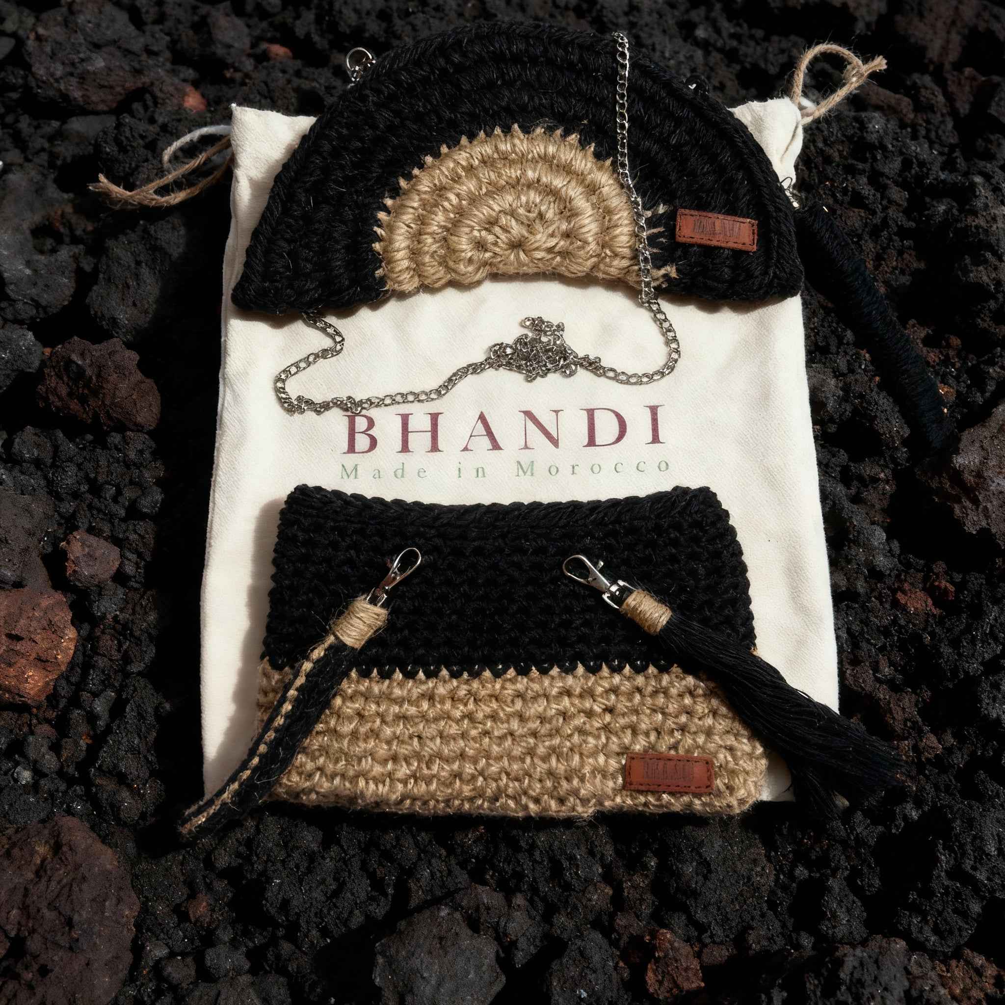 Ensemble "Goffa Half Moon" Noir – Sac à main & Pochette assortie + accessoires