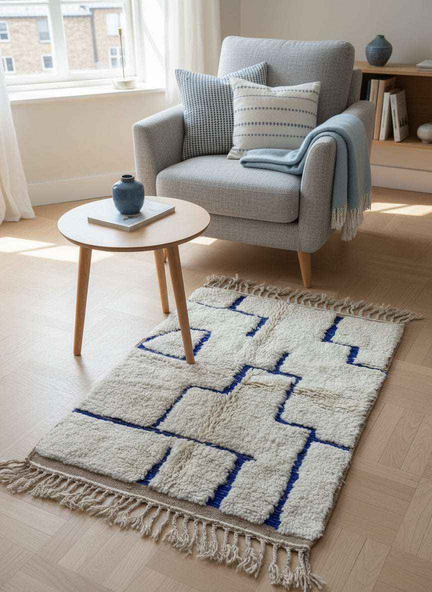 Tapis Azilal Marocain en Laine – Tissé à la Main par Artisans Berbères (Approx 39x59/100 x 150 cm)