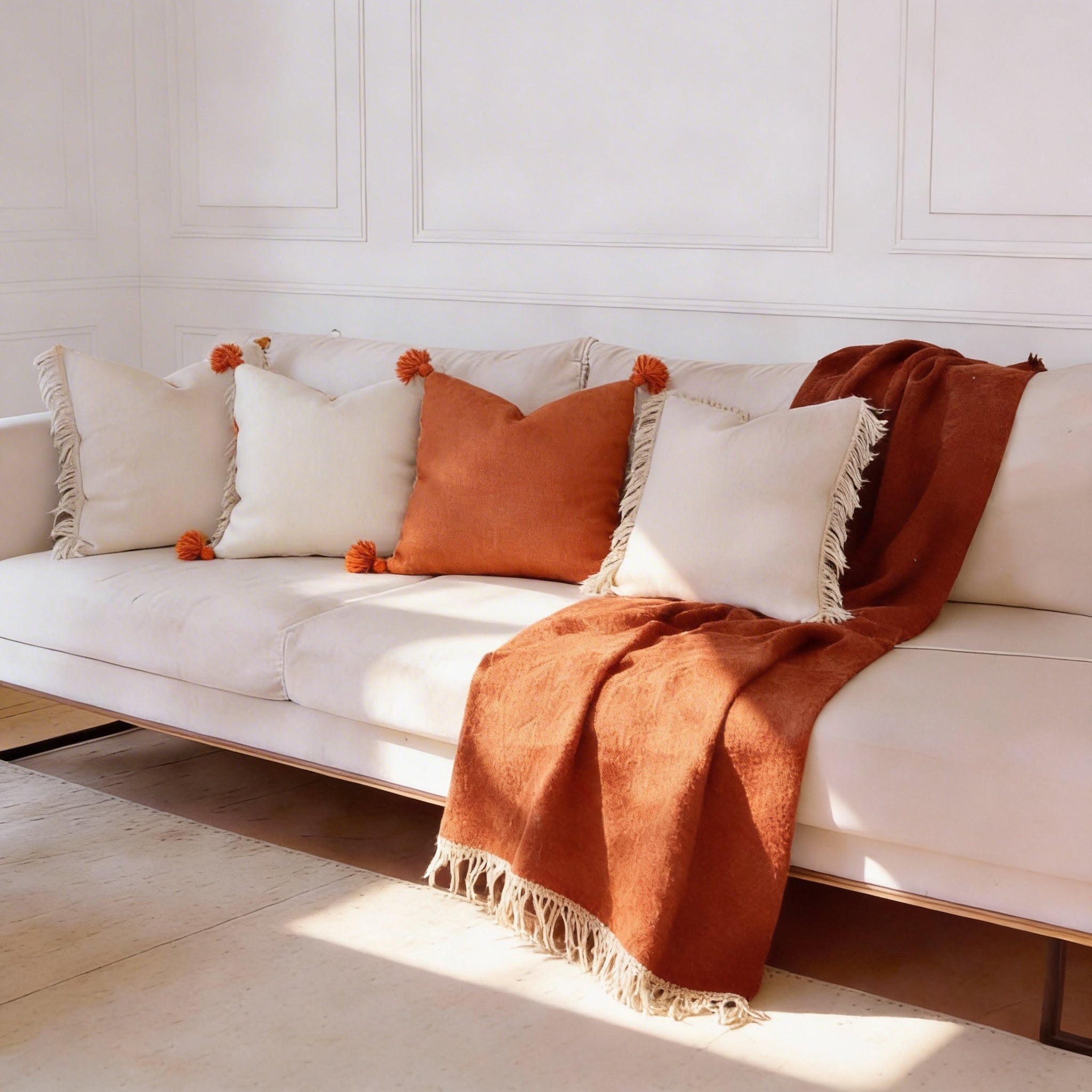 Ensemble Déco "Douceur unie " – Edition Marrakech | 4 Coussins Assortis & Plaid Élégant - The Moroccan Vibrations