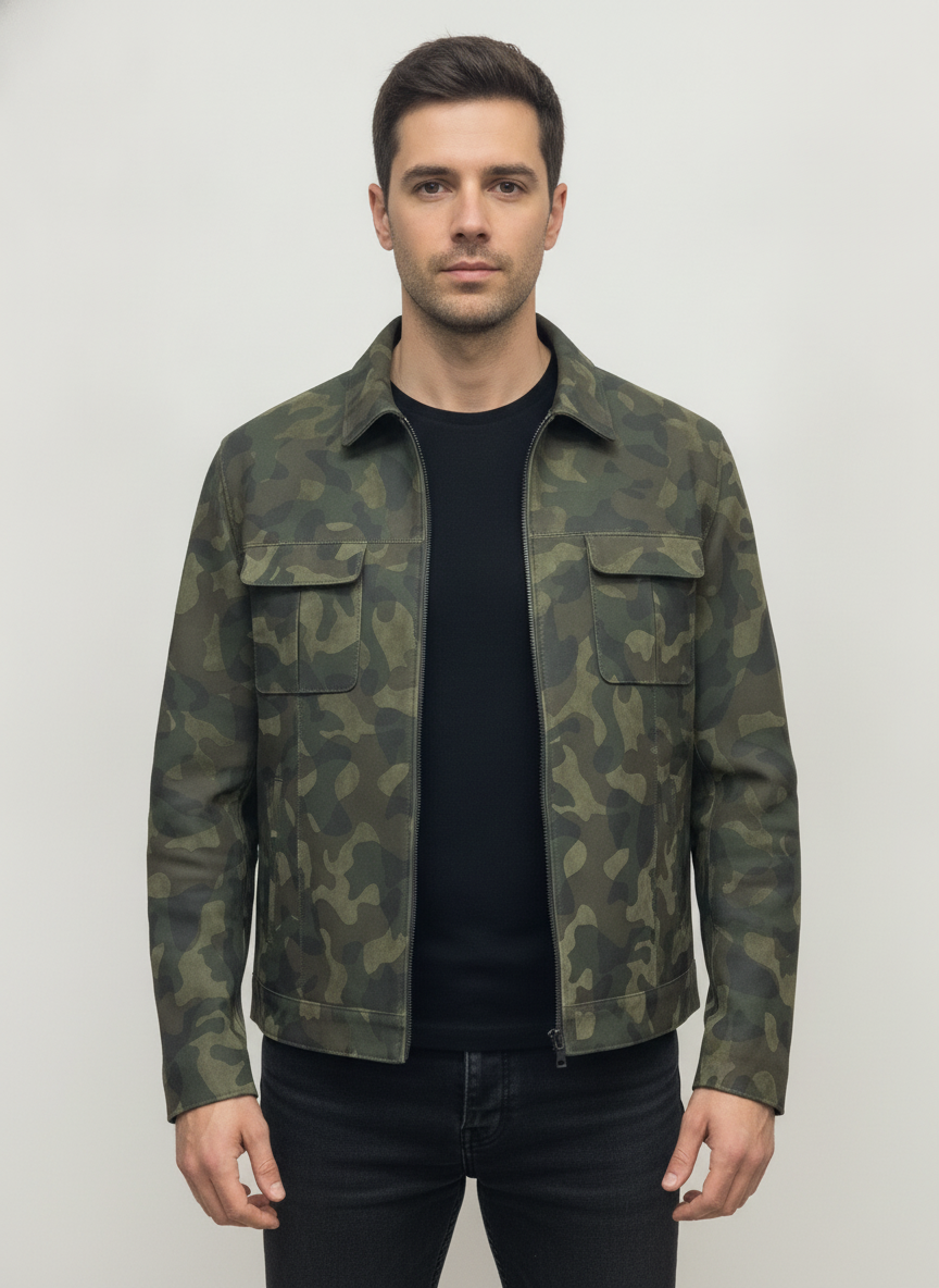 Blouson Cuir Homme Camouflage Vert Col Chemise – Orgacuir