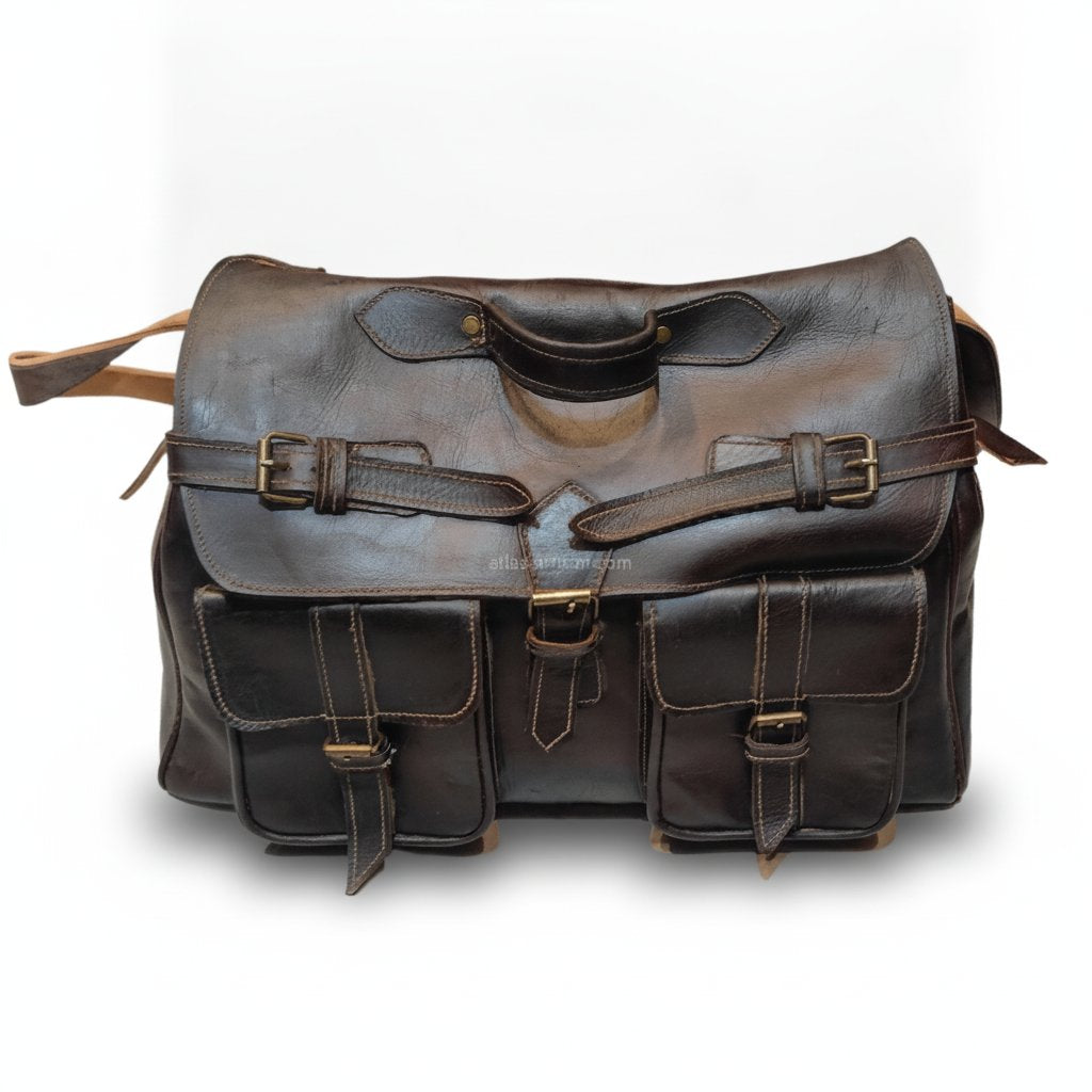 Sac Messager en Cuir Marron Foncé avec 3 Poches 48 cm