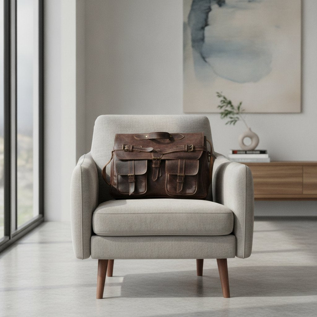 Sac Messager en Cuir Marron Foncé avec 3 Poches 48 cm