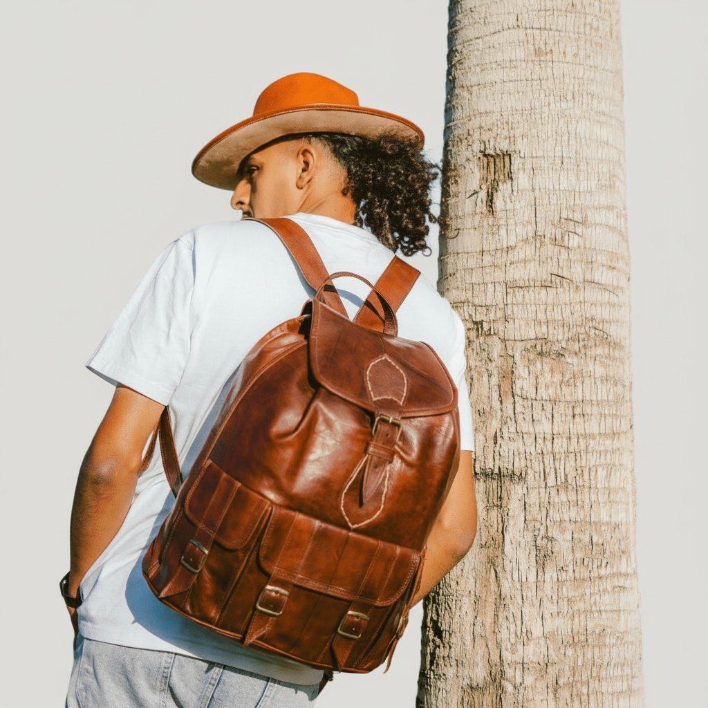 Sac à Dos en Cuir Marron avec Poches et Bretelles Réglables