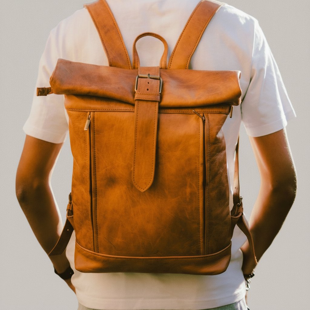 Sac à dos en Cuir de Chèvre Roll-Top 28 x 40 cm