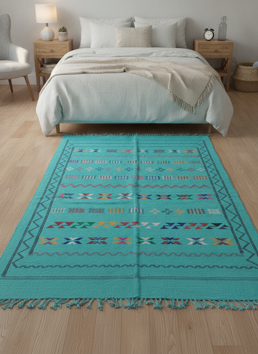 Tapis Kilim bleu turquoise en coton