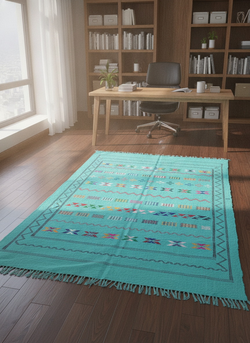 Tapis Kilim bleu turquoise en coton