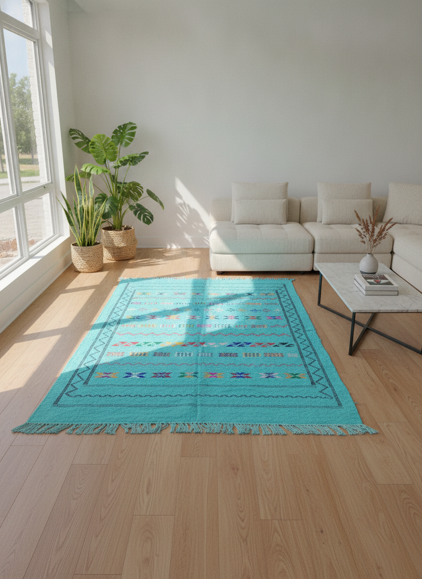 Tapis Kilim bleu turquoise en coton
