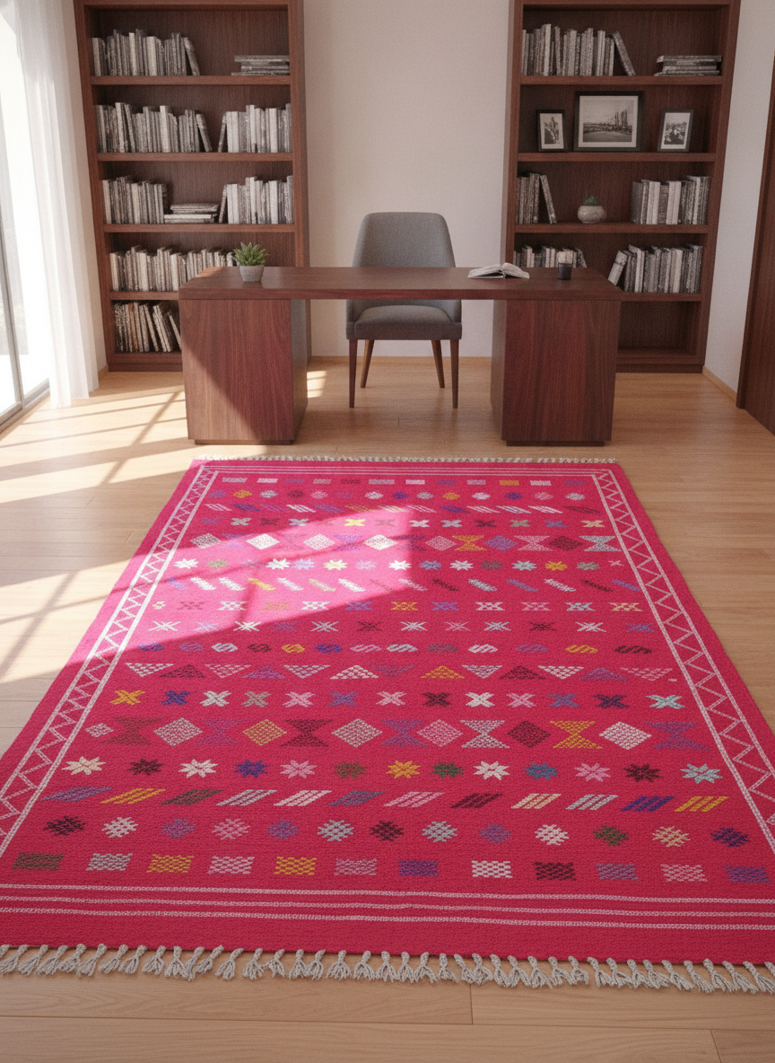 Tapis Marocain en Coton Tissé à la Main – Fond Rose Fuchsia, Motifs Berbères Géométriques Multicolores (150 x 250 cm)