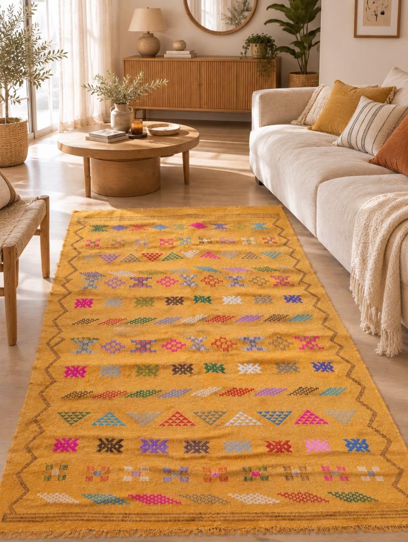 Tapis Marocain en Coton Tissé à la Main – Fond Moutarde, Motifs Géométriques Multicolores (59x98 / 150 x 250 cm)