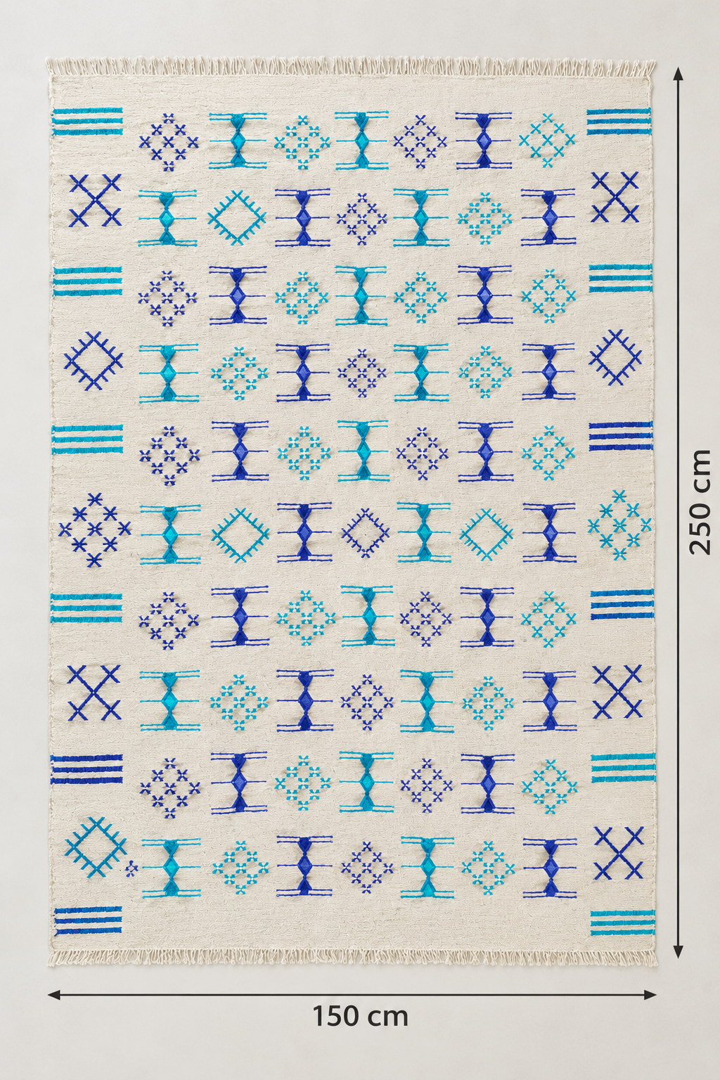 Tapis Marocain en LIN Tissé Main – Fond Ivoire, Motifs Bleu Roi & Turquoise (59x98 / 150 x 250 cm)