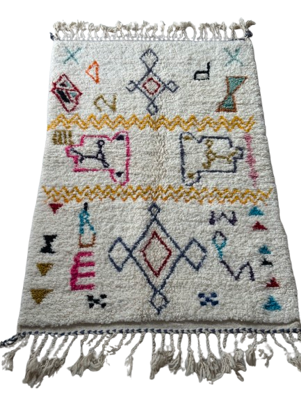 Tapis Azilal Marocain en Laine – Tissé à la Main par Artisans Berbères (Approx 39x59/100 x 150 cm)