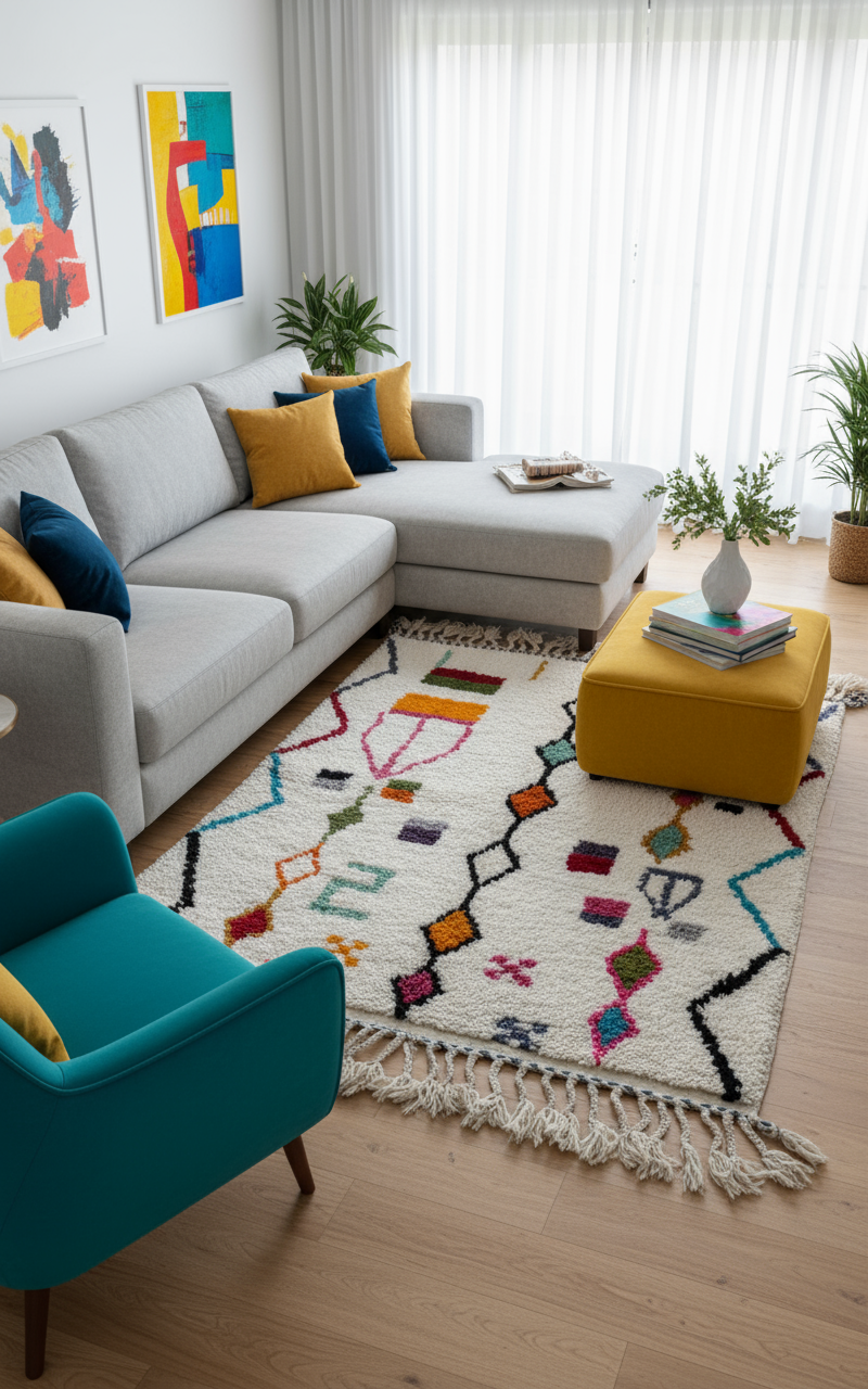 Tapis Azilal Marocain en Laine – Tissé à la Main par Artisans Berbères (Approx 39x59/100 x 150 cm)