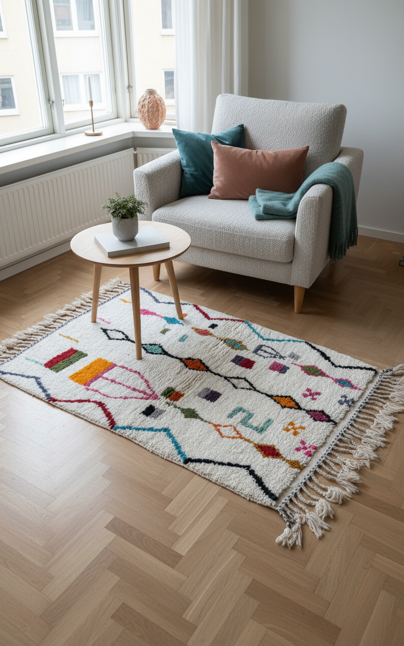 Tapis Azilal Marocain en Laine – Tissé à la Main par Artisans Berbères (Approx 39x59/100 x 150 cm)