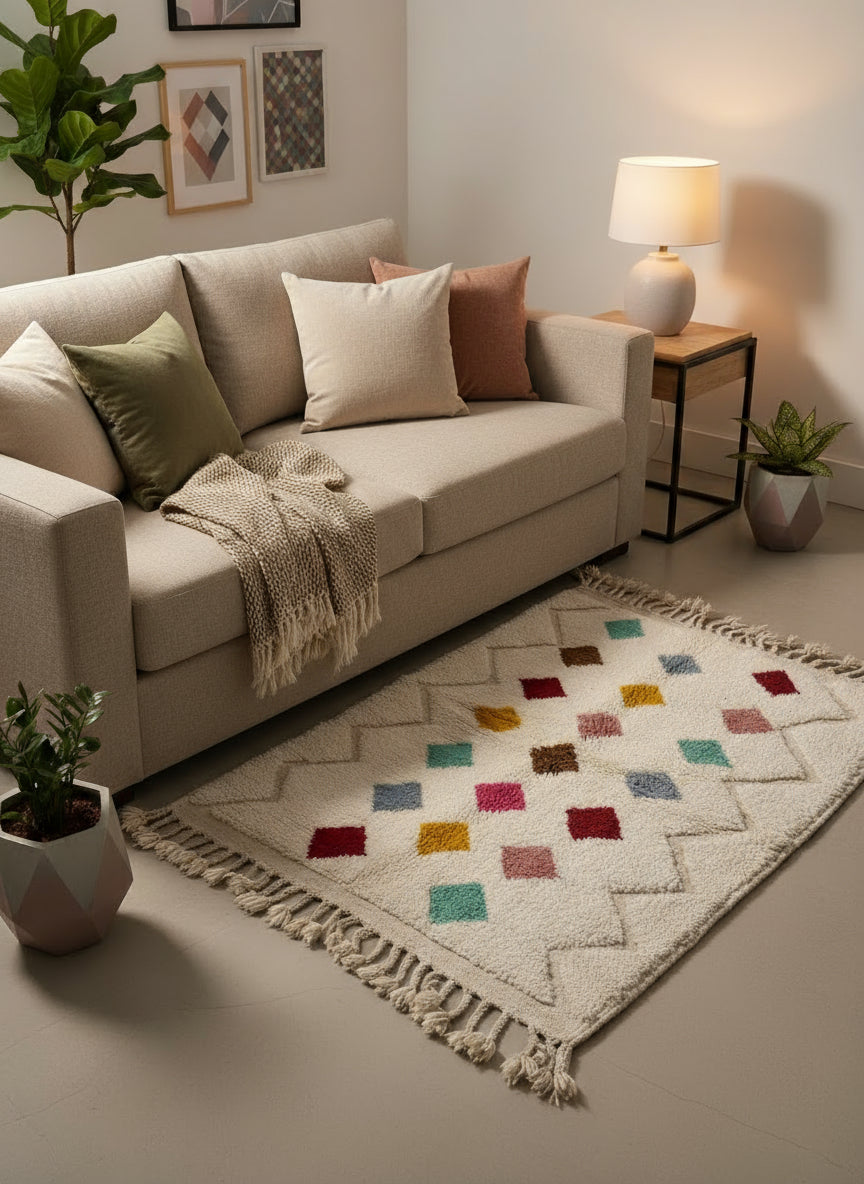 Tapis Azilal Marocain en Laine – Tissé à la Main par Artisans Berbères (Approx 39x59/100 x 150 cm)
