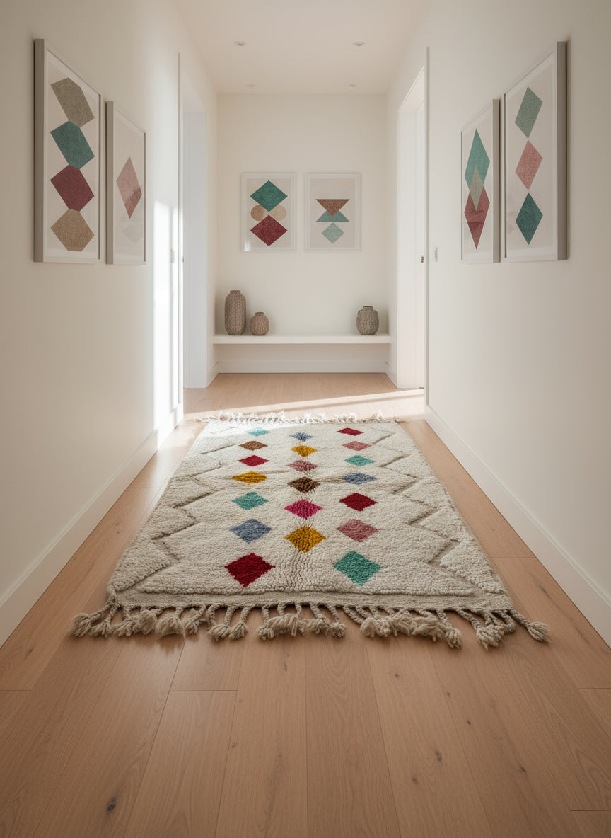 Tapis Azilal Marocain en Laine – Tissé à la Main par Artisans Berbères (Approx 39x59/100 x 150 cm)