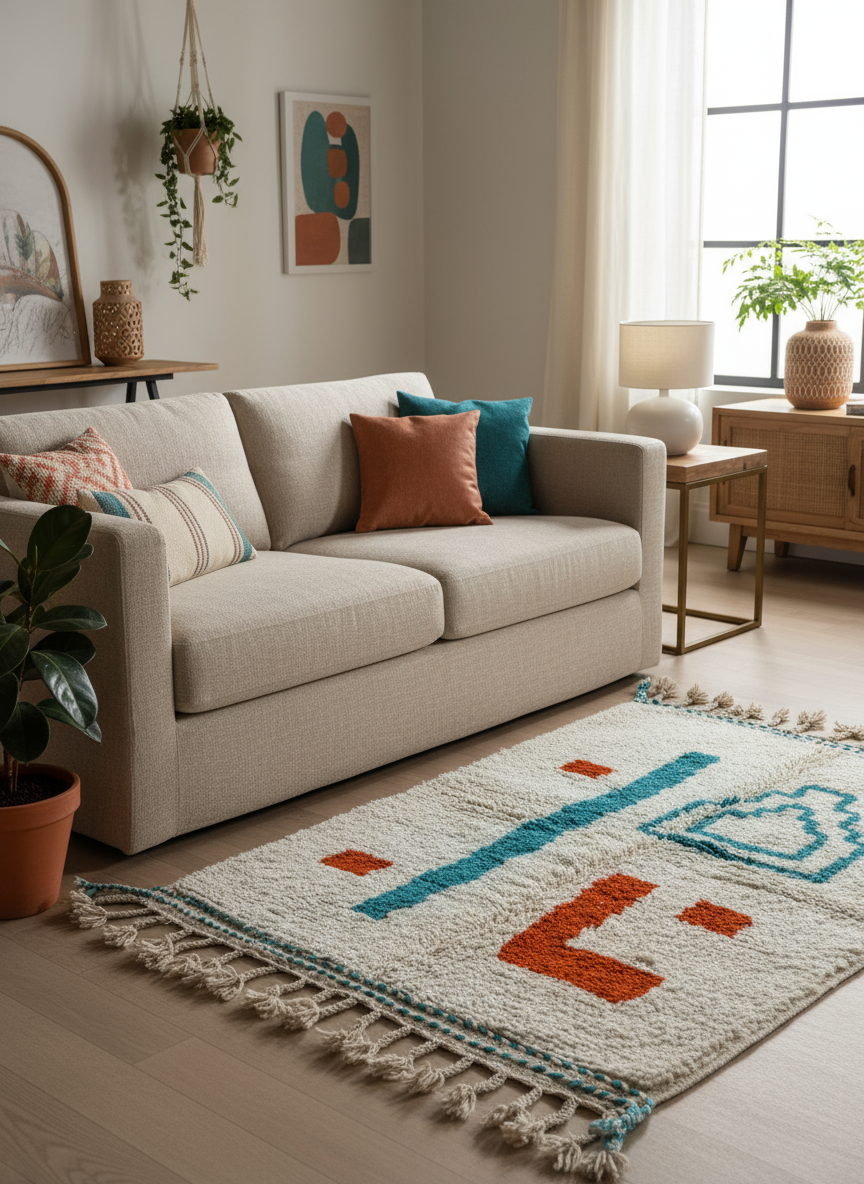 Tapis Azilal Marocain en Laine – Tissé à la Main par Artisans Berbères (Approx 39x59/100 x 150 cm)