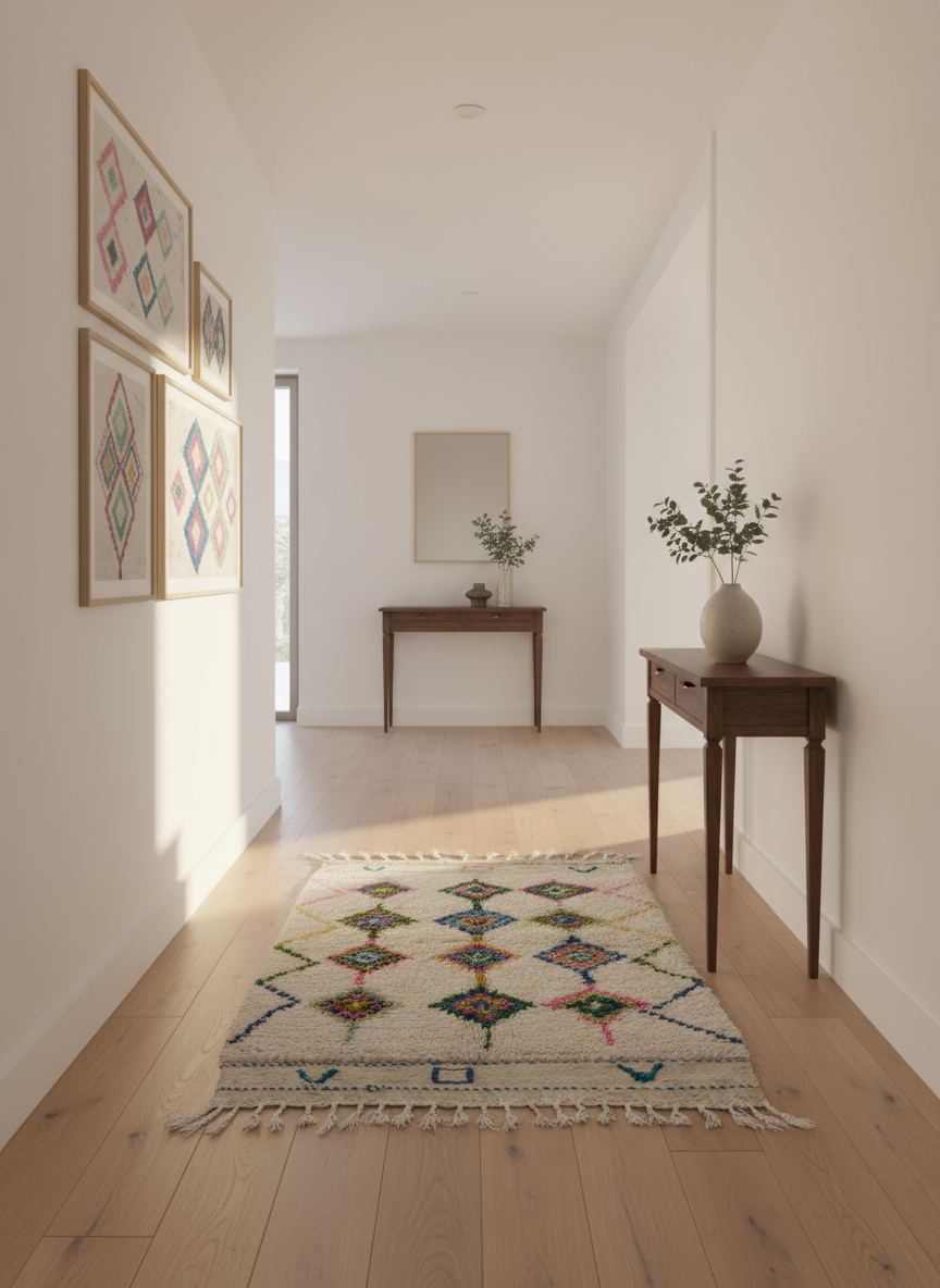 Tapis Azilal Marocain en Laine – Tissé à la Main par Artisans Berbères (Approx 39x59/100 x 150 cm)