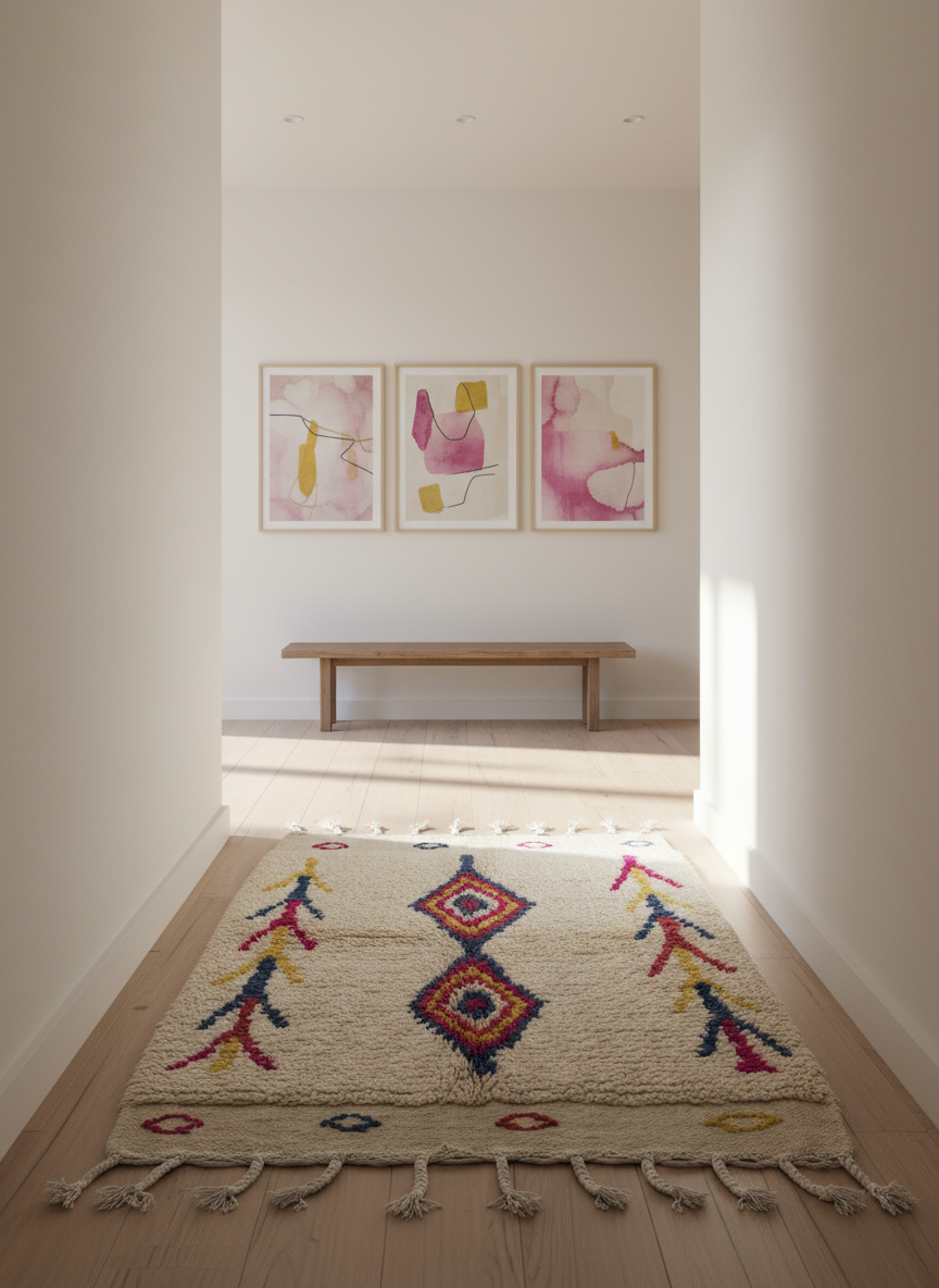 Tapis Azilal Marocain en Laine – Tissé à la Main par Artisans Berbères (Approx 39x59/100 x 150 cm)
