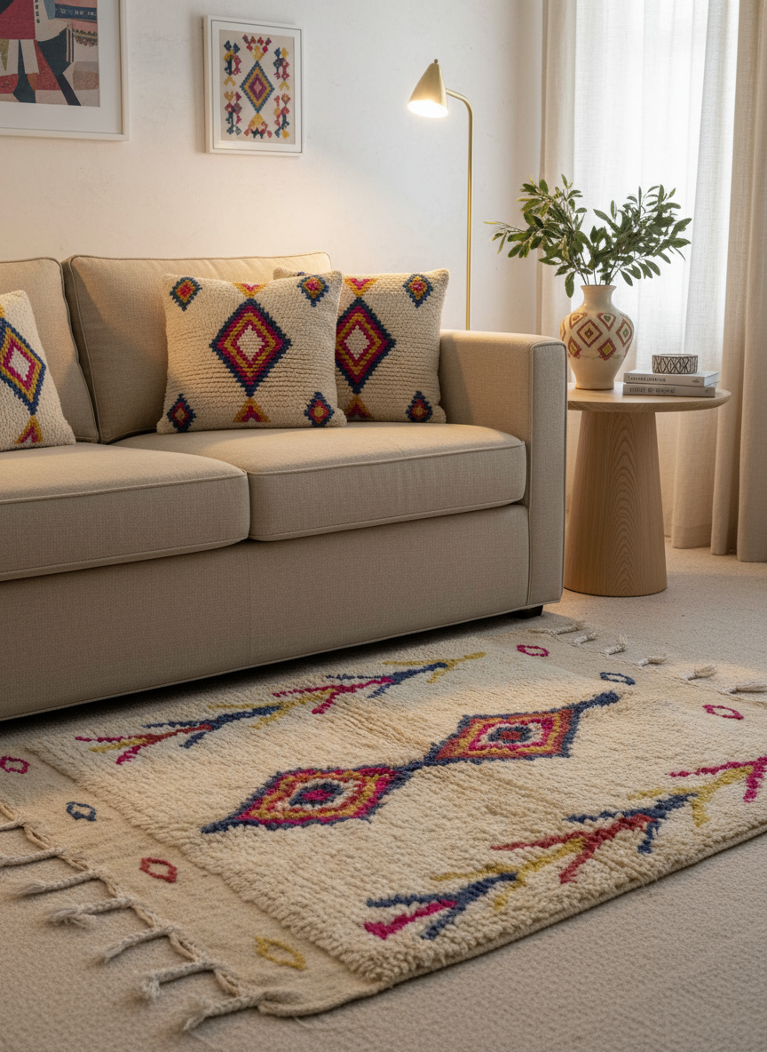 Tapis Azilal Marocain en Laine – Tissé à la Main par Artisans Berbères (Approx 39x59/100 x 150 cm)