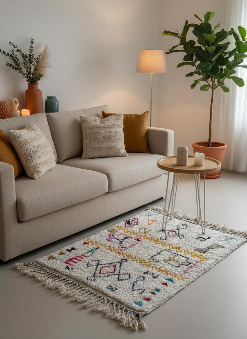 Tapis Azilal Marocain en Laine – Tissé à la Main par Artisans Berbères (Approx 39x59/100 x 150 cm)
