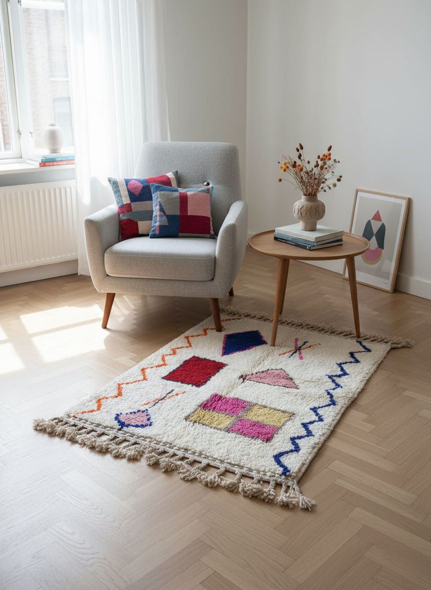 Tapis Azilal Marocain en Laine – Tissé à la Main par Artisans Berbères (Approx 39x59/100 x 150 cm)
