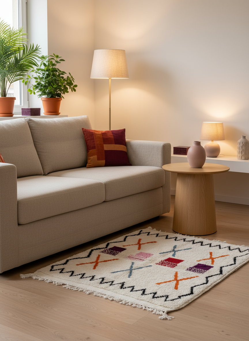 Tapis Azilal Marocain en Laine – Tissé à la Main par Artisans Berbères (Approx 39x59/100 x 150 cm)