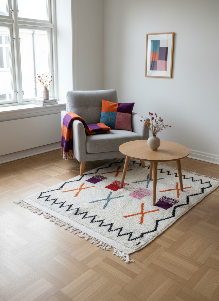 Tapis Azilal Marocain en Laine – Tissé à la Main par Artisans Berbères (Approx 39x59/100 x 150 cm)