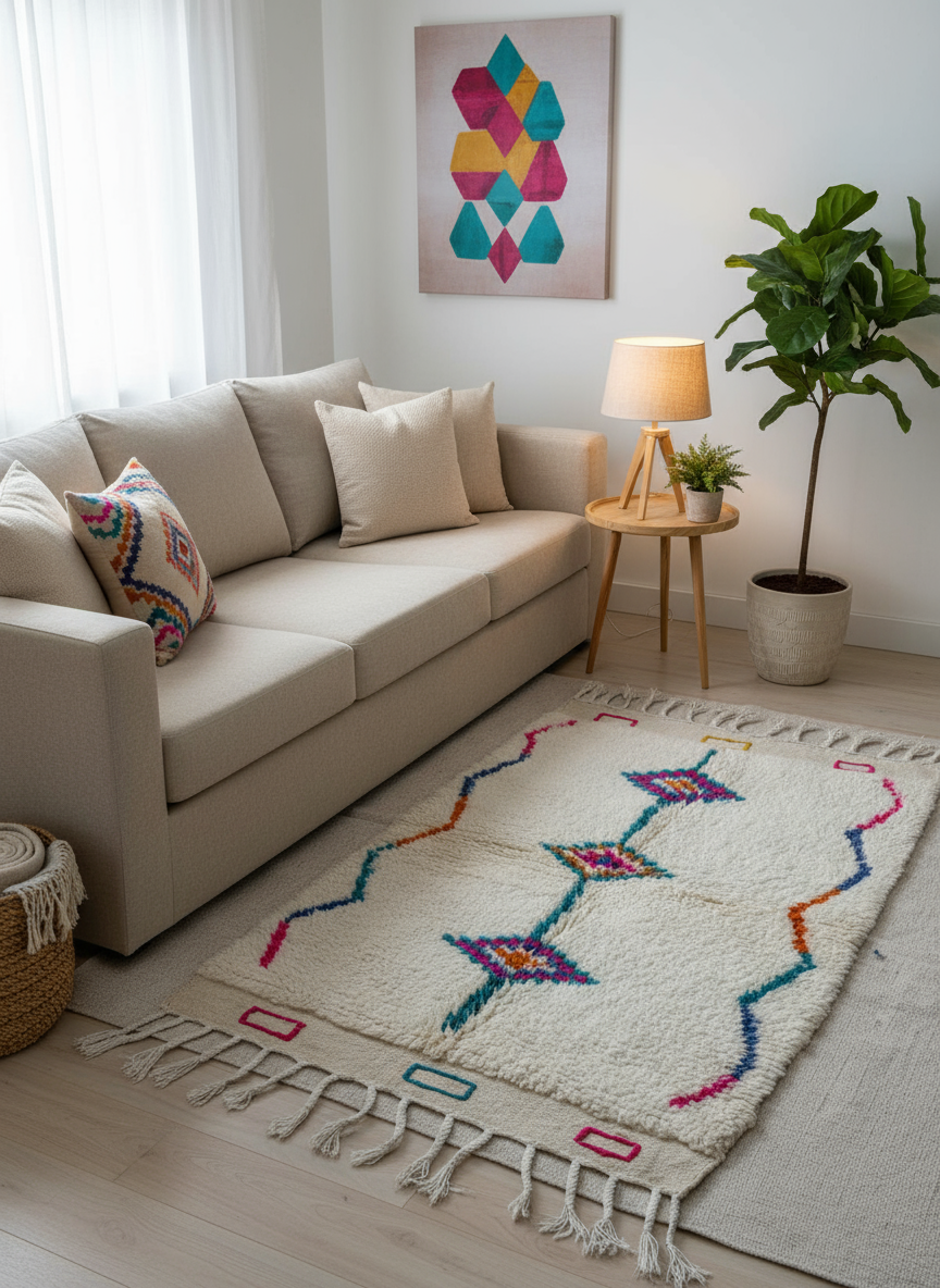 Tapis Azilal Marocain en Laine – Tissé à la Main par Artisans Berbères (Approx 39x59/100 x 150 cm)