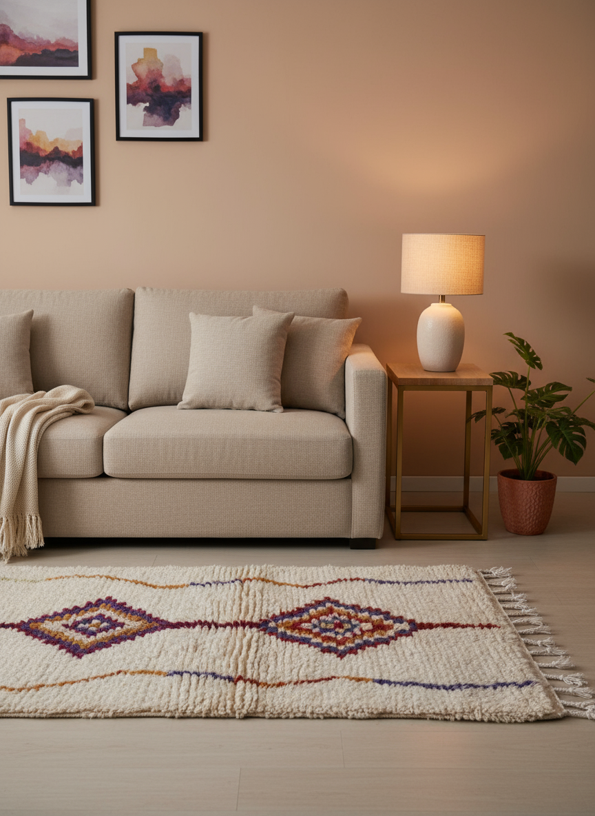 Tapis Azilal Marocain en Laine – Tissé à la Main par Artisans Berbères (Approx 39x59/100 x 150 cm)