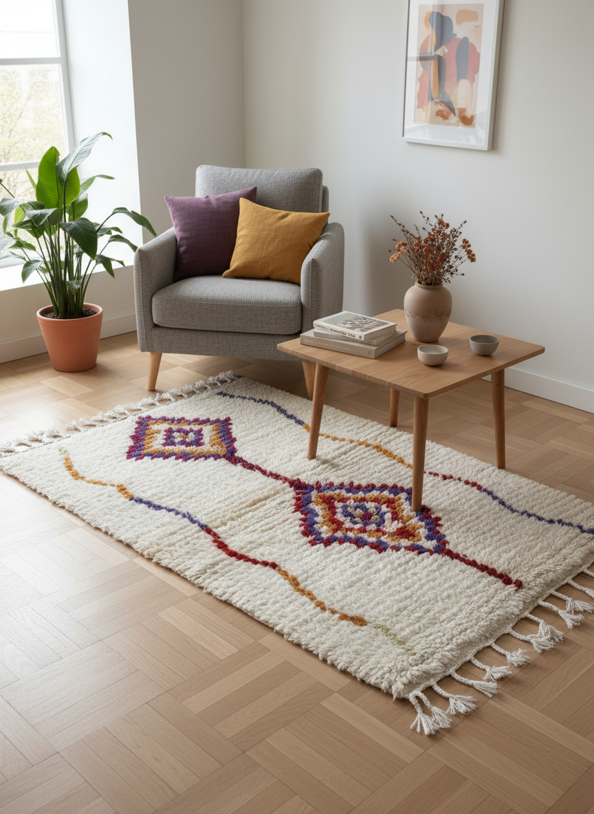 Tapis Azilal Marocain en Laine – Tissé à la Main par Artisans Berbères (Approx 39x59/100 x 150 cm)