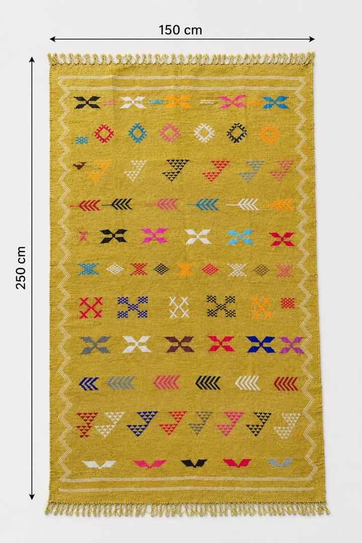 Tapis Marocain en Coton Tissé Main – Fond Jaune Moutarde, Motifs Multicolores Berbères (59x98 / 150 x 250 cm)