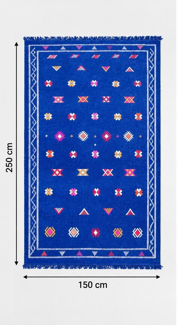 TAPIS BERBÈRE MAROCAIN en COTON-MOTIFS TRADITIONNELS TISSÈS à la Main,Bleu Roi & Multicolore (59x98/150x250cm)