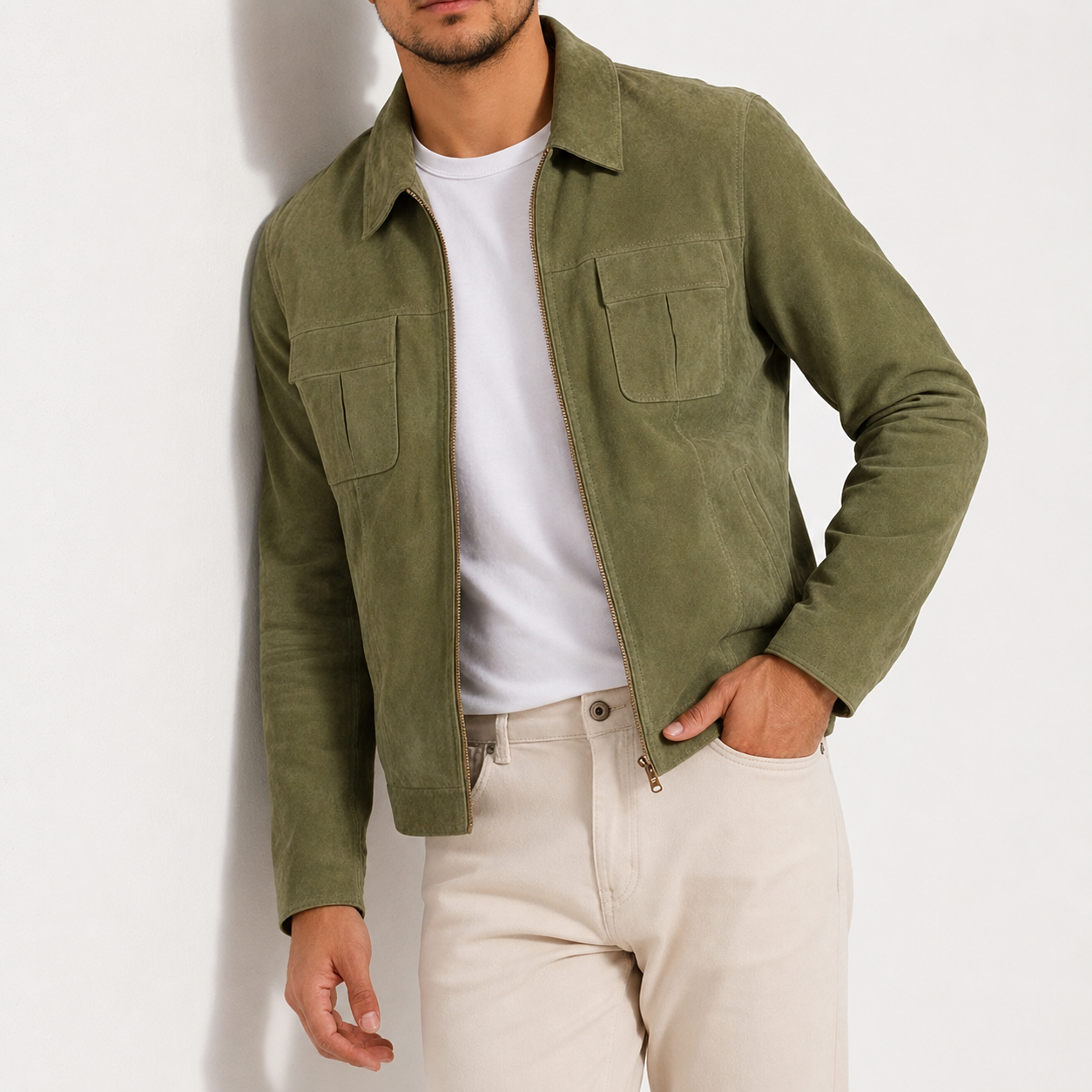 Veste Homme en Daim Vert Olive à Col Chemise – Fermeture Zippée et Poches à Rabat