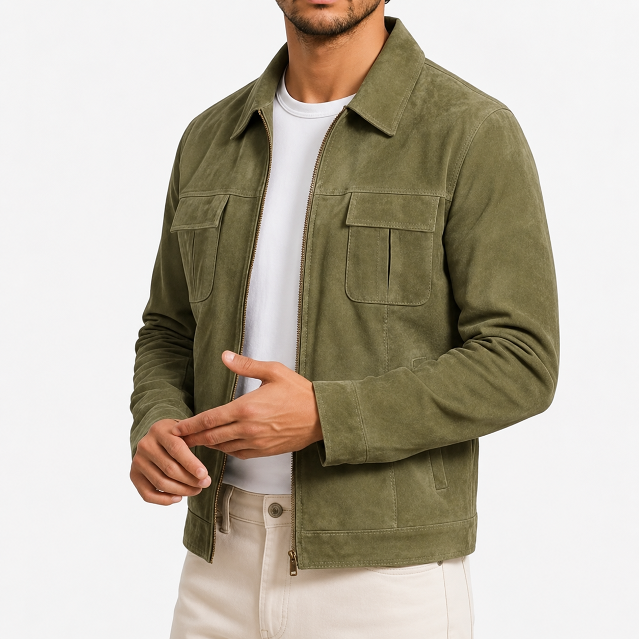 Veste Homme en Daim Vert Olive à Col Chemise – Fermeture Zippée et Poches à Rabat