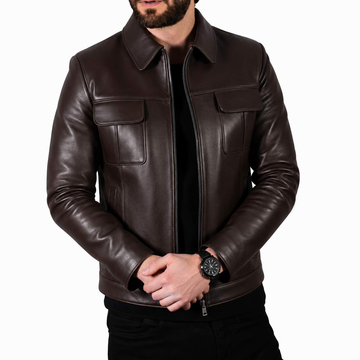 Le Vintage Chic — Veste Cuir Poches Plaquées