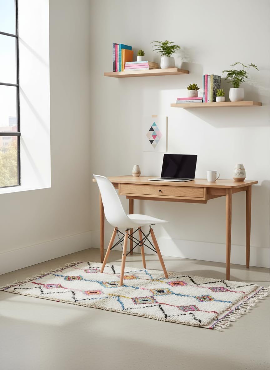 Tapis Azilal Berbère Écru Losanges Roses et Zigzags Bleus (Réf. 7554)