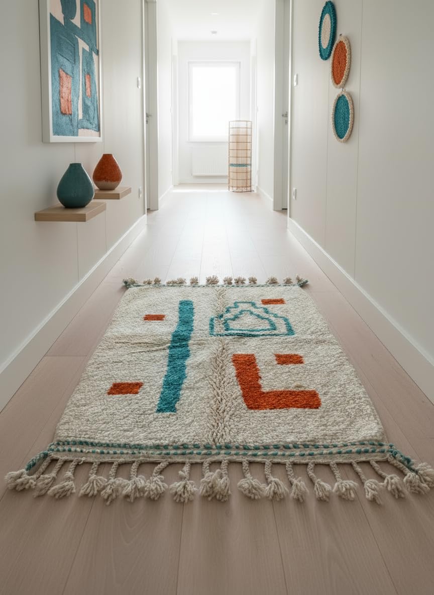 Tapis Azilal berbère écru à formes turquoise et rouille dans un couloir