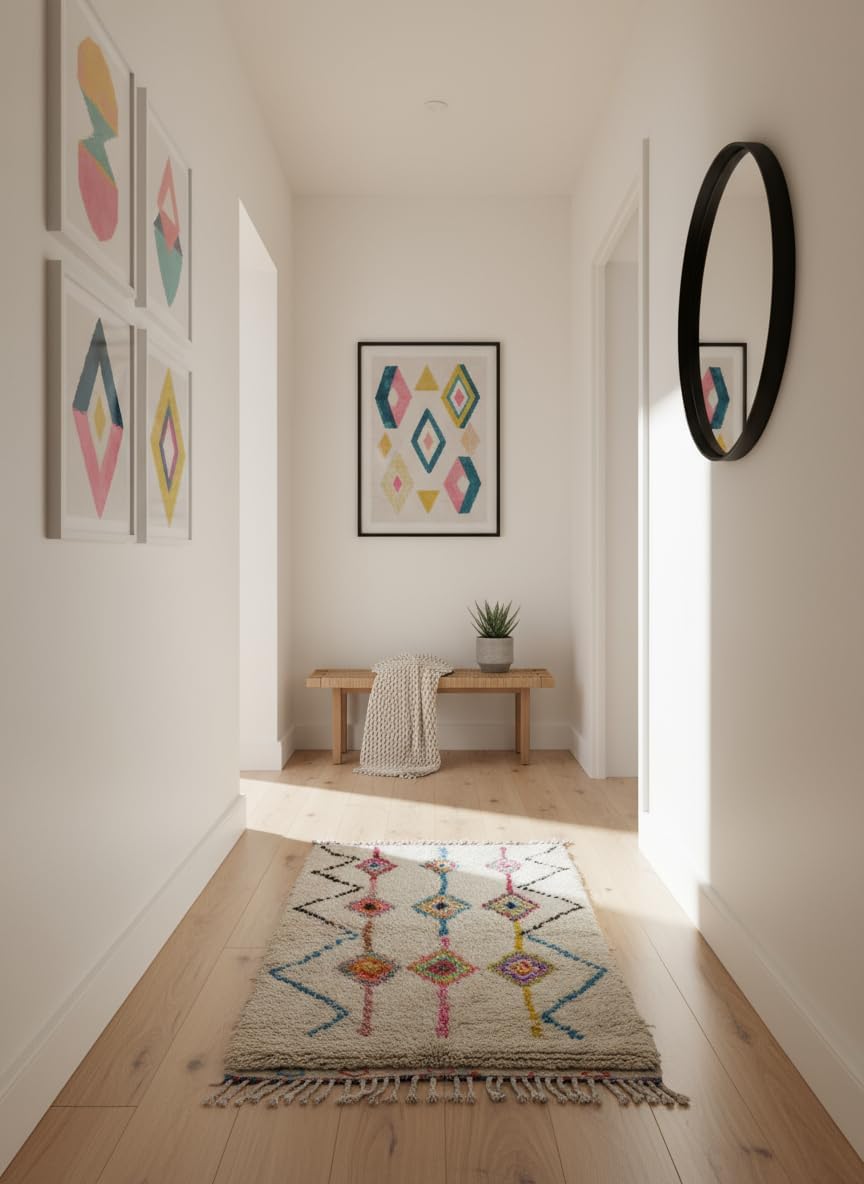 Tapis Azilal Berbère Écru Losanges Roses et Zigzags Bleus (Réf. 7554)