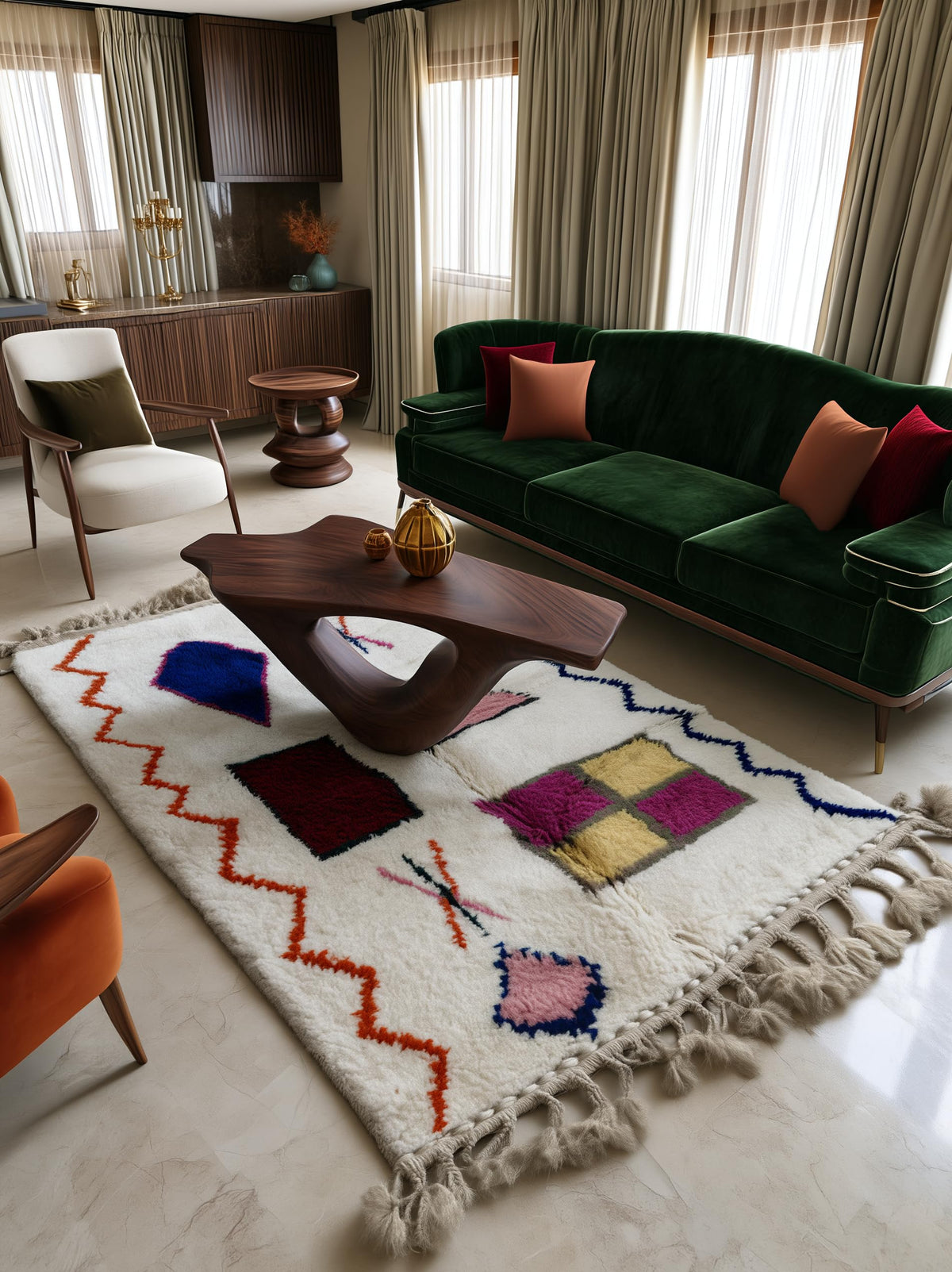 Tapis Azilal berbère écru à losanges multicolores et zigzag rouge devant un canapé vert