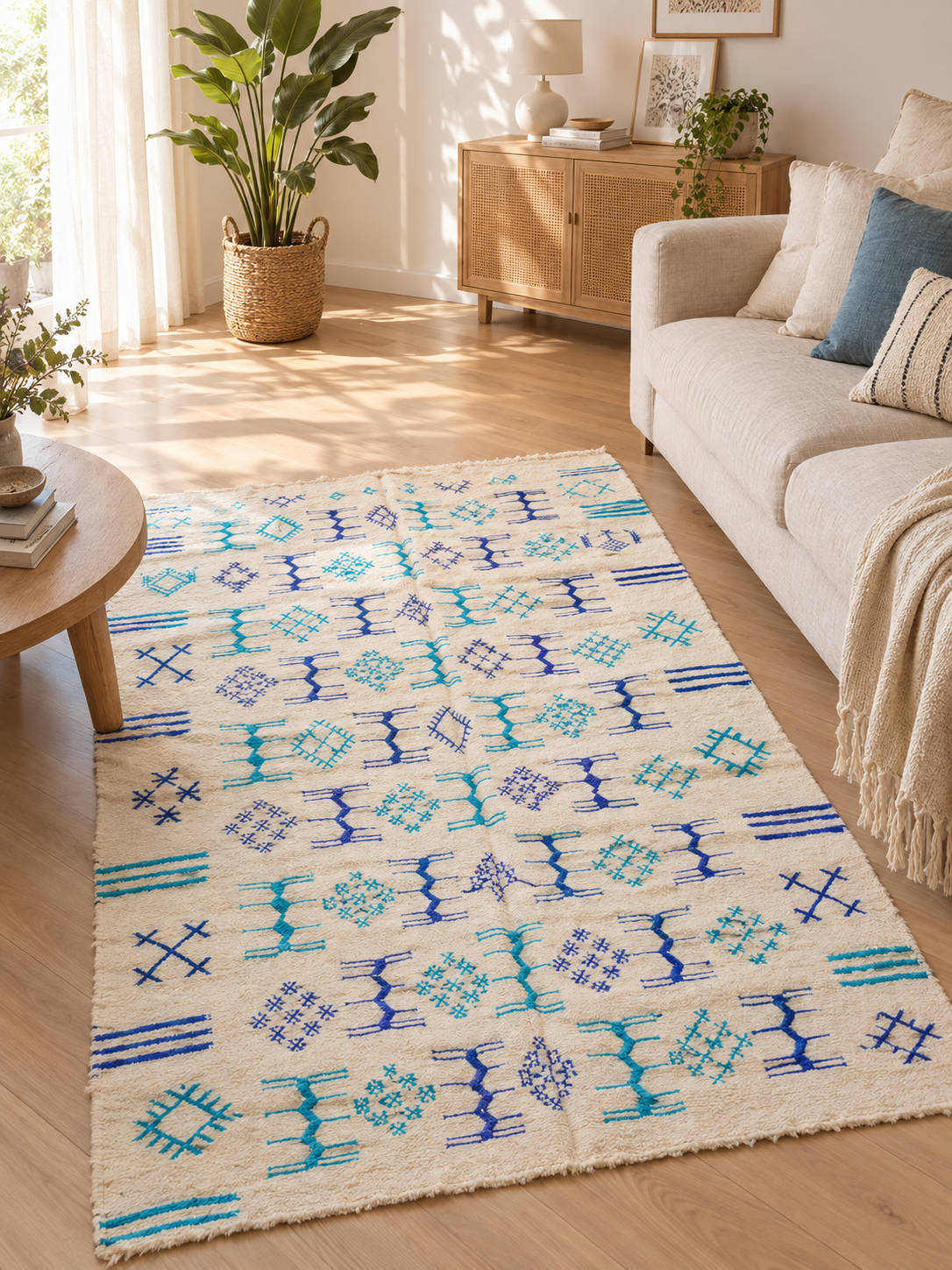 Tapis Marocain en LIN Tissé Main – Fond Ivoire, Motifs Bleu Roi & Turquoise (59x98 / 150 x 250 cm)