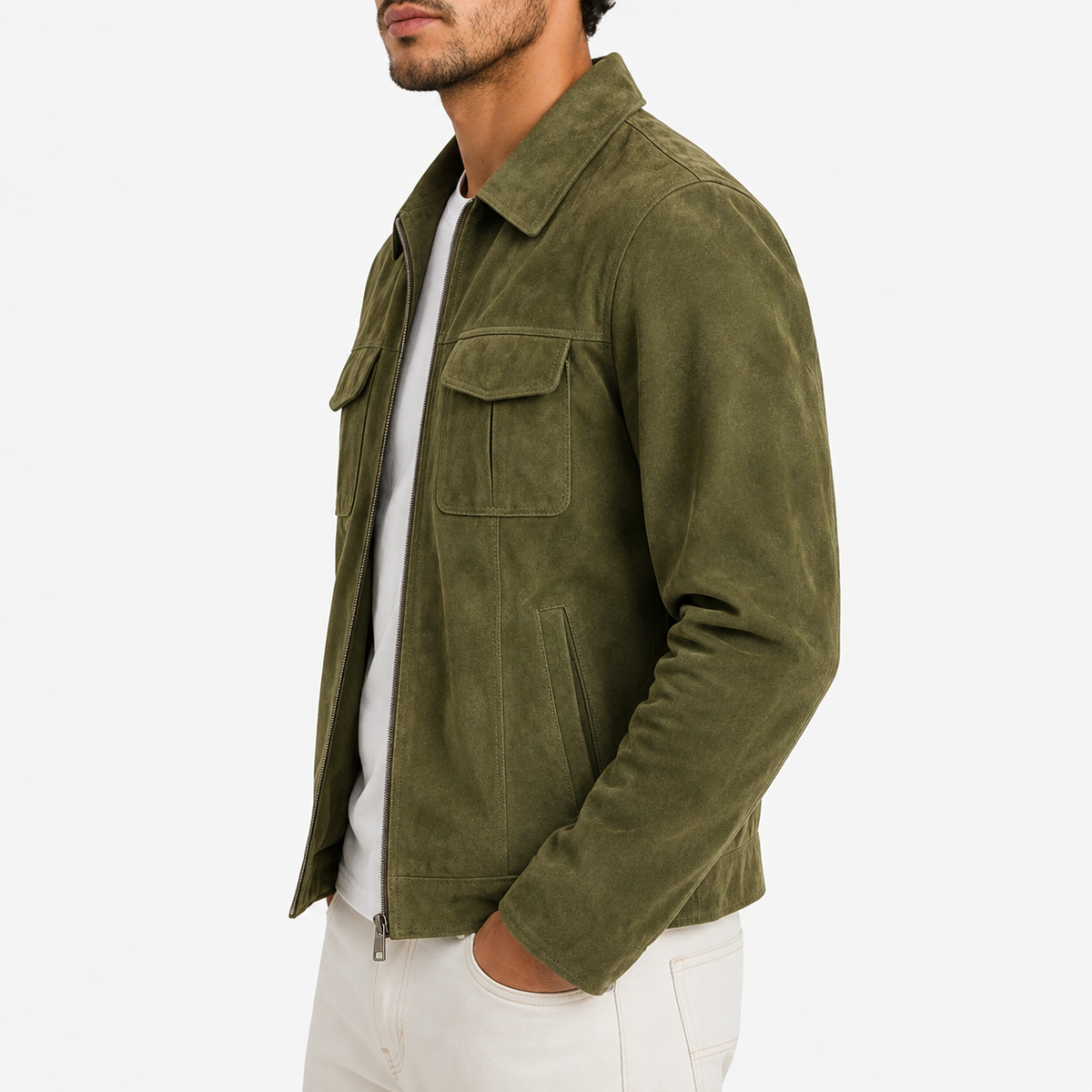 Veste Homme en Daim Vert Olive à Col Chemise – Fermeture Zippée et Poches à Rabat