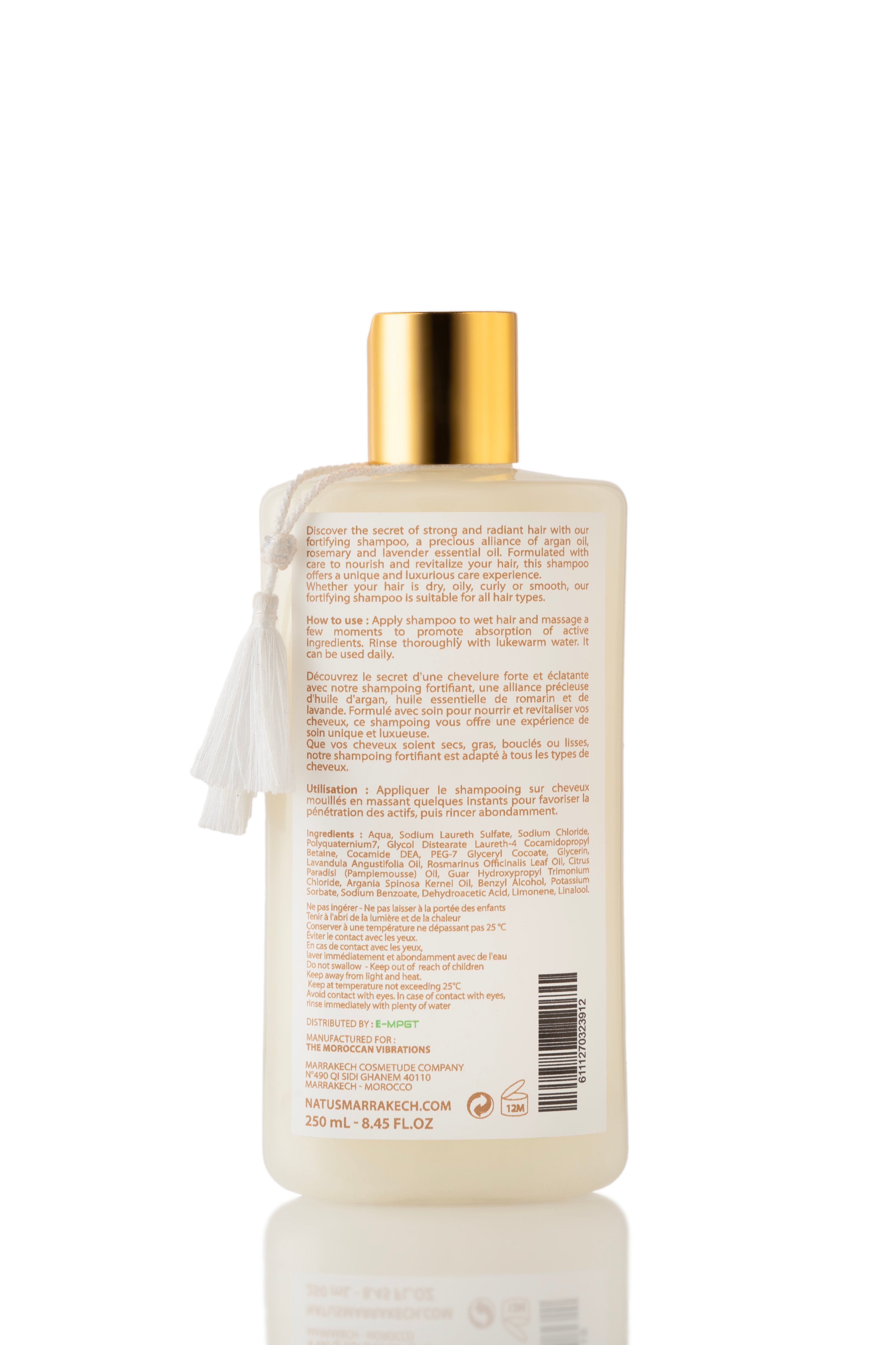 Shampooing fortifiant Natus Marrakech à l'huile d'argan et romarin, flacon de 250ml, vu de dos.