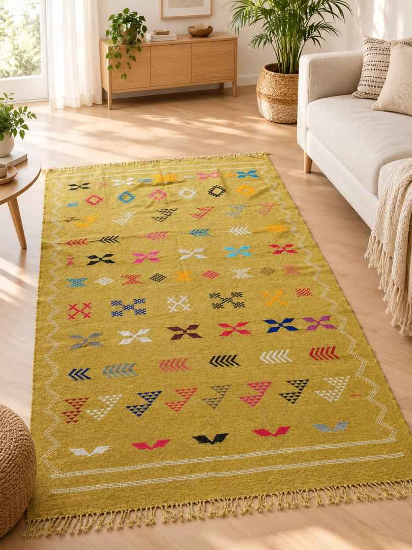 Tapis Marocain en Coton Tissé Main – Fond Jaune Moutarde, Motifs Multicolores Berbères (59x98 / 150 x 250 cm)