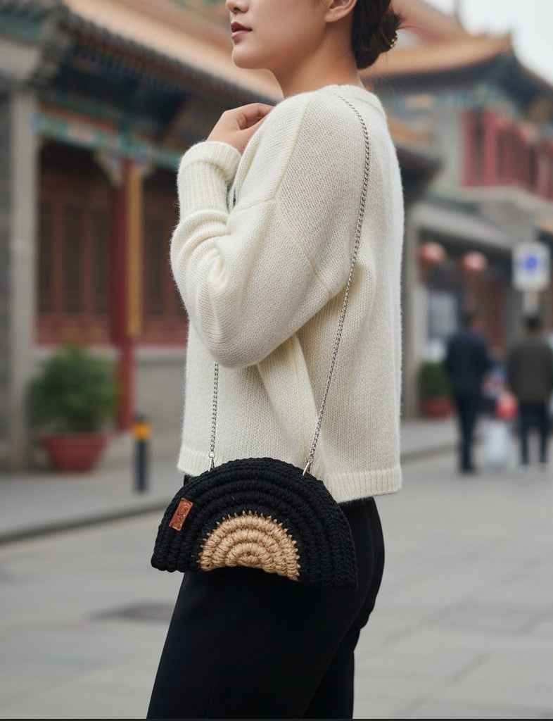 Ensemble "Goffa Half Moon" Noir – Sac à main & Pochette assortie + accessoires