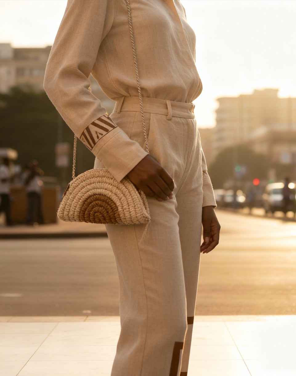 Ensemble "Goffa Half Moon" Blanc – Sac à main & Pochette assortie + accessoires